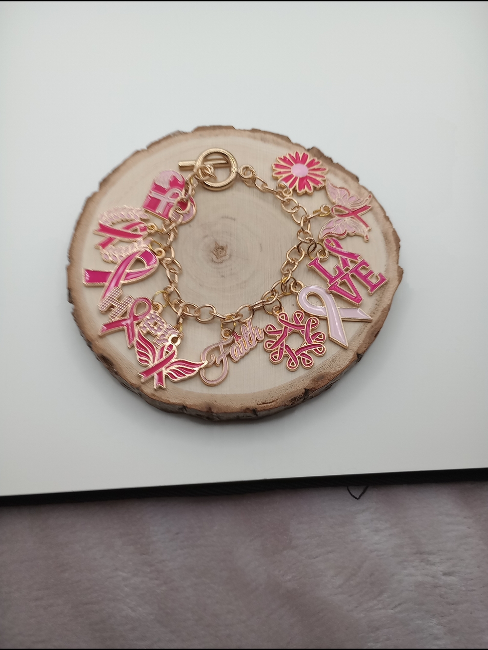 Gold Pink Breast Cancer Awareness Charm Bracelet - Picture 7 of 11
